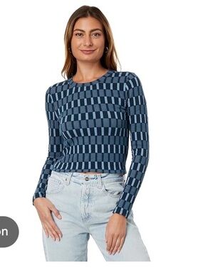Madewell Blue Checker Ribbed Long-Sleeve sweater Crop Top